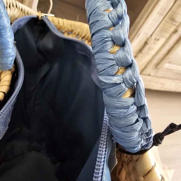 Caterina Bertini Fringe Straw Mini Tote Blue Made In Italy - Picture 9 of 17